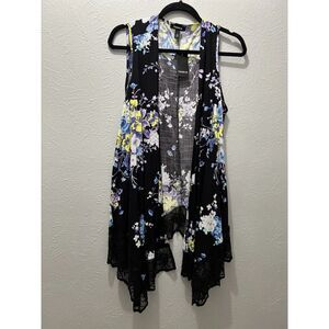 Torrid Black Floral Lace Trim Open Front Sleeveless Cardigan Vest Size 0